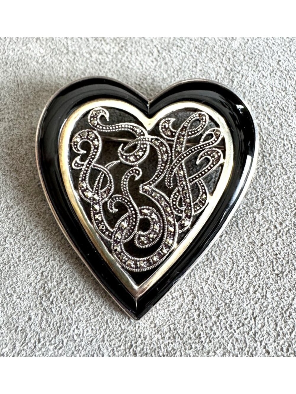 2" STERLING Silver Marcasite + Black Glass/Onyx BROOCH Pendant Heart-Shaped Vtg